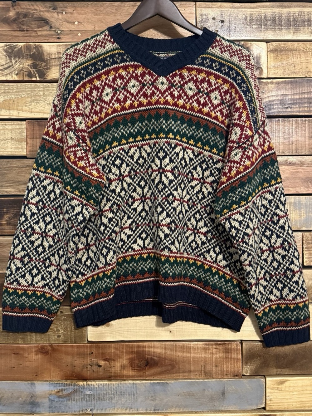 Vintage 90s Abercrombie & Fitch Multi-Color Nordic Fair Isle V-Neck Sweater XL